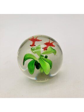 Vintage Art Glass Paperweight With Two Red Fantail Goldfish & Green Leaves